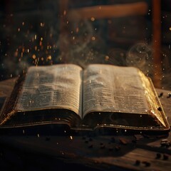 Poster - A book sitting on a wooden table with a rustic or vintage feel