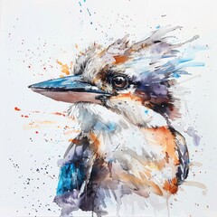 Poster - Watercolor illustration of a bird perched on a plain white surface, providing a simple and elegant focal point