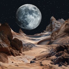 Poster - A serene desert scene at night with a bright full moon shining down, perfect for use in travel or nature-themed designs