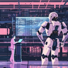 Poster - A man stands next to a robot in a modern room, providing an opportunity for use in technology or innovation themed contexts