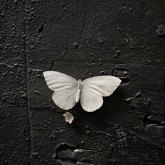 Poster - A close-up shot of a white butterfly perched on the top of a dark-colored wall