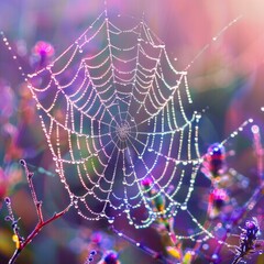 Canvas Print - A natural scene of a spider web covered in water droplets, suitable for use as a background or to illustrate a story about nature and the elements