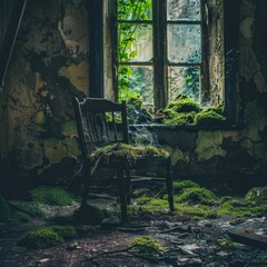 Poster - A chair sits in front of a window covered in moss, great for nature-inspired or rustic-themed designs