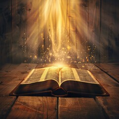 Poster - An open book illuminated by a beam of light on a wooden table
