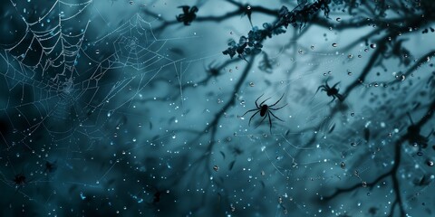 Creepy Cobweb Border with Black Widow Spiders and Dew Drops