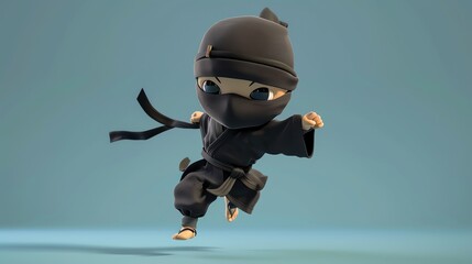 Poster - A 3D render of a cartoon ninja boy, with a black mask, black outfit, and a black belt.