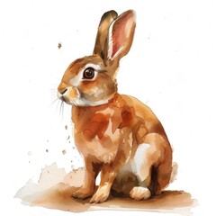 Sticker - A close-up view of a rabbit sitting on a white background, rendered in watercolor style