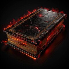 Aufkleber - A worn-out book engulfed in flames on a dark background