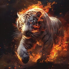 Poster - A white tiger is seen running through flames