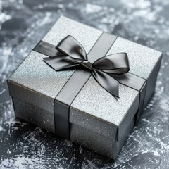 Wall Mural - A silver gift box tied with a black ribbon