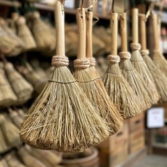 Poster - A row of brooms hanging from the ceiling of a store