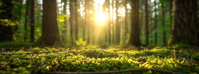 A forest with a sun shining through the trees. The sun is in the middle of the sky and the trees are tall