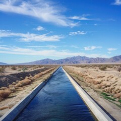 Poster - Aerial view of a long canal running through the middle of a desert landscape, with sand dunes and cacti on either side