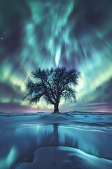 aurora in the sky with a large tree silhouette
