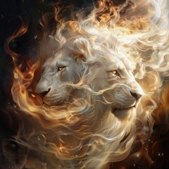 Poster - A majestic lion with flames emerging from its face, suitable for fantasy or mythological themed projects