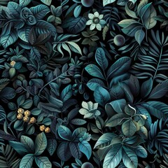 Aufkleber - A dark background featuring a collection of green leaves and flowers