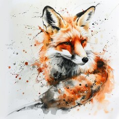 Poster - Watercolor illustration of a red fox with white fur and bushy tail, set against a natural background