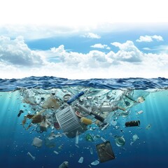 Poster - A trash can is seen floating in the ocean amidst a sea of waste, highlighting the issue of marine pollution