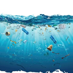 Poster - Picture of garbage drifting in the sea with waves and blue water background, suitable for environmental or conservation-related themes