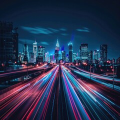 Poster - A city at night with long exposure of light trails capturing the movement of vehicles and traffic lights