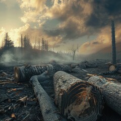 Aufkleber - A pile of logs sits atop a forest floor, surrounded by trees and foliage