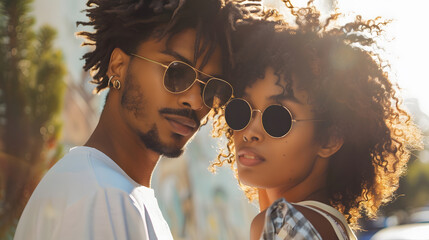 young african american man posing with curly woman in sunglasses outside : Generative AI