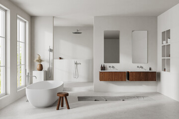 Sticker - Modern minimalist bathroom with a freestanding tub, wooden cabinets, and a walk-in shower, neutral-toned interior, light background, concept of luxury and simplicity.  3D Rendering