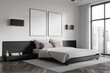 © ImageFlow - White home bedroom interior with bed and panoramic window. Mockup frames