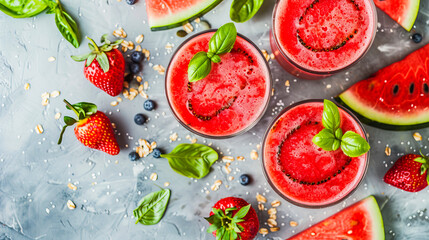 Wall Mural - Three watermelon smoothies topped with fresh basil and chia seeds surrounded by watermelon slices and strawberries