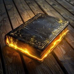Poster - A book lying open on a wooden table with glowing pages, perfect for use in illustrations about reading, learning or spirituality