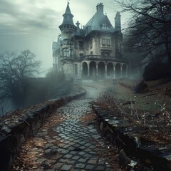 Wall Mural - A stone path leading to a medieval-style castle on a misty, foggy day
