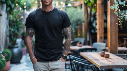 Stylish Tattooed Man in Black T-shirt and Khaki Pants at Modern Eatery
