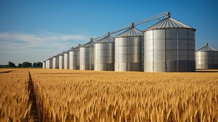 Row of metal grain silos standing in a golden wheat field under a clear blue sky, symbolizing agriculture and storage.