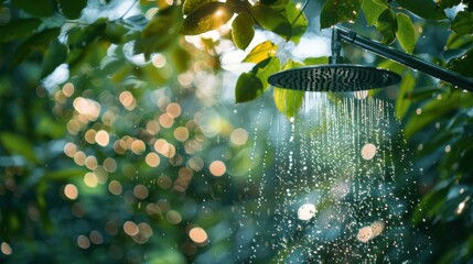 An outdoor shower head releasing water droplets, set against a backdrop of lush green foliage and bokeh light effects.