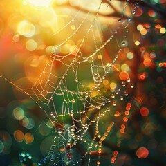 Poster - A close-up shot of a spider web with water droplets glistening on the threads