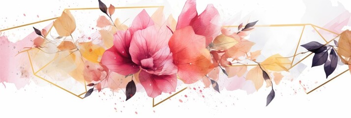 Wall Mural - Abstract geometric watercolor banner with dynamic shapes and splatters. Pink flower and leaves line arrangement or composition with white background. Modern art concept for creative design. AIG35.
