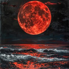 Aufkleber - A vibrant red full moon rising above the calm ocean waves, a breathtaking natural phenomenon
