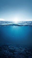 underwater view of ocean surface with sunlight and bubbles background