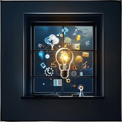 Poster - A glowing lightbulb surrounded by various digital icons in a window, symbolizing innovation, technology, and bright ideas.
