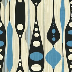 Wall Mural - A pattern of blue and black shapes, with some of the shapes resembling spoons. Scene is playful and whimsical, with the shapes appearing to be floating or dancing in the air