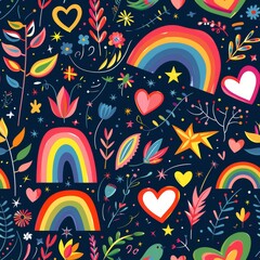Wall Mural - A colorful and whimsical design featuring rainbows, flowers, and hearts. The image is a vibrant and cheerful representation of love and happiness
