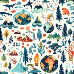 Wall Mural - A colorful and detailed painting of various animals and landscapes, including a mountain, a tree, and a fish