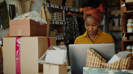 Poster - Black woman package check and fashion e commerce start up Small business owner online retail brand supplier and digital store supply chain delivery confirmation with laptop on store : Generative AI