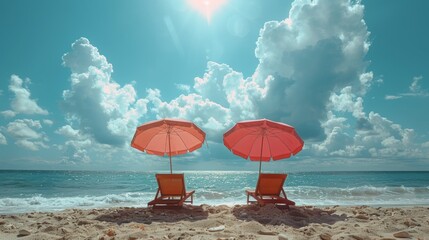 Sticker - two deck chairs under a pink umbrella on a beach against a bright blue sky