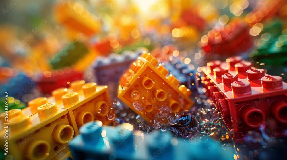 many floating bricks,vivid lighting ,colorful