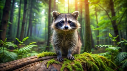 Adorable masked raccoon standing upright on fallen log, surrounded by lush green forest, with curious expression on its face.