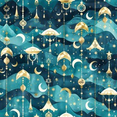 Wall Mural - A blue and gold painting of a night sky with many stars and a moon