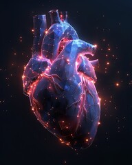 Poster - 3D rendered glowing blue and pink human heart with vibrant light particles, highlighting its veins and arteries on a dark background