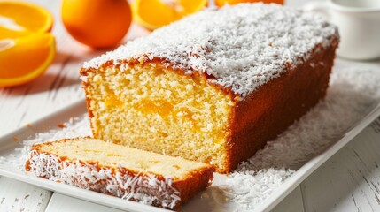 Wall Mural - Delicious Semolina Coconut and Orange Marmalade Loaf Cake with Yoghurt - Homemade Dessert Photography