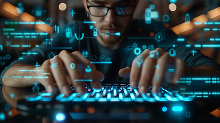 IT engineer with glasses, typing on a keyboard, with abstract digital elements and a simple background, emphasizing technical skills and modern technology